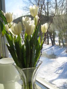 Combine tulips with delicate branches from plants in the garden, here flowering quince and willow.